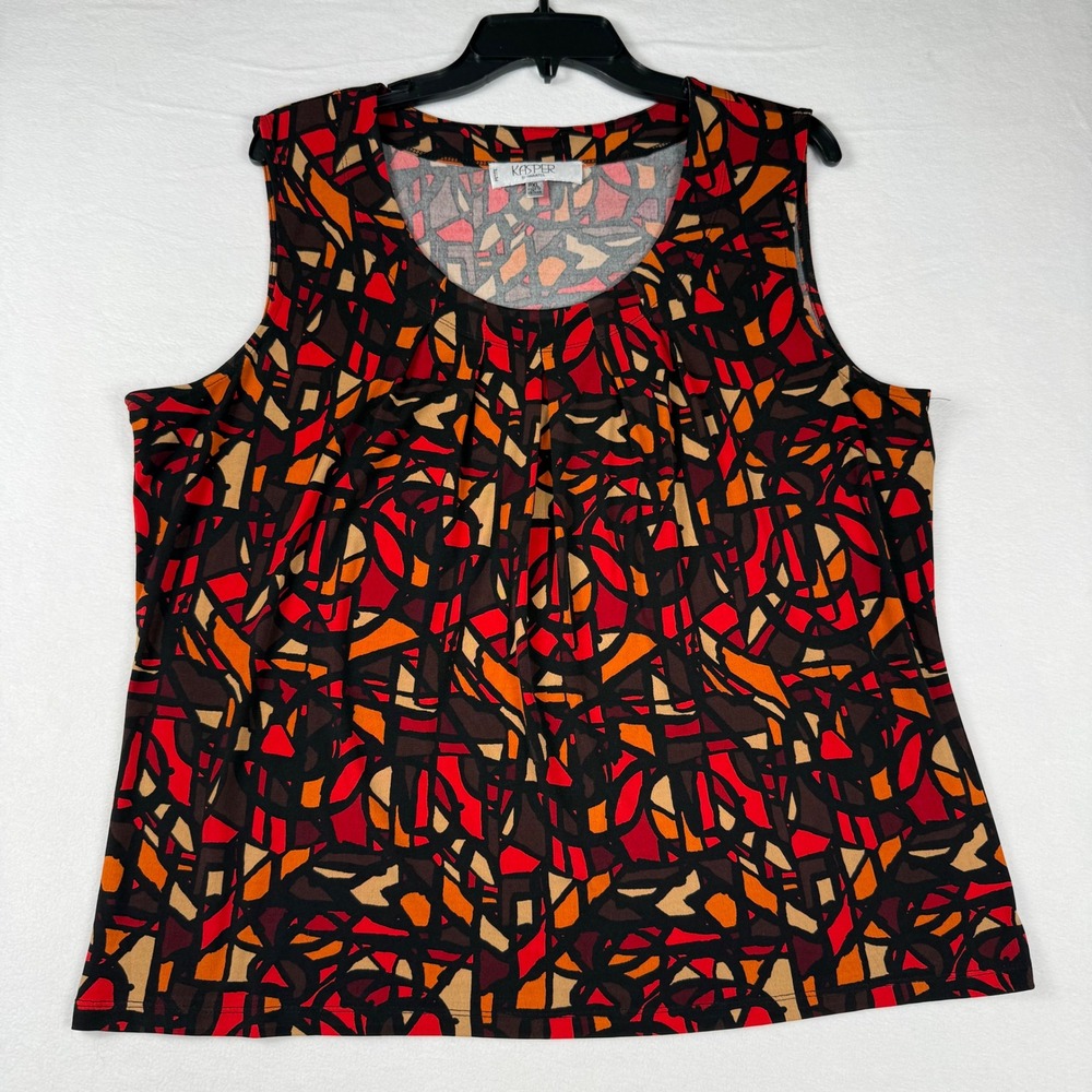 Kasper Geometric Tank‎ Top PXL Red Orange Abstract Pleated Sleeveless Blouse